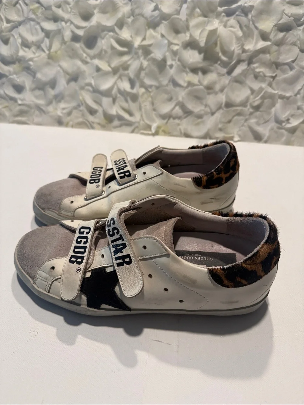 Golden Goose White Leather & Gray Suede Velcro Sneakers with Leopard Heel - Picture 2 of 6